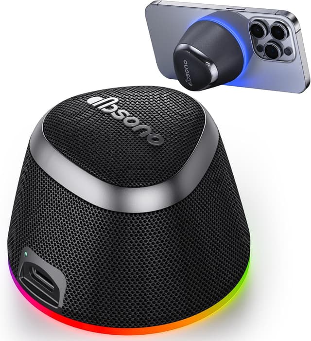 Detalle de Portable Speaker Phone Stand Gifts 2-in-1 Magnetic Bluetooth Speakers with Phone Stand, IPX5 Waterproof, 9 Light Modes, TWS (Black)