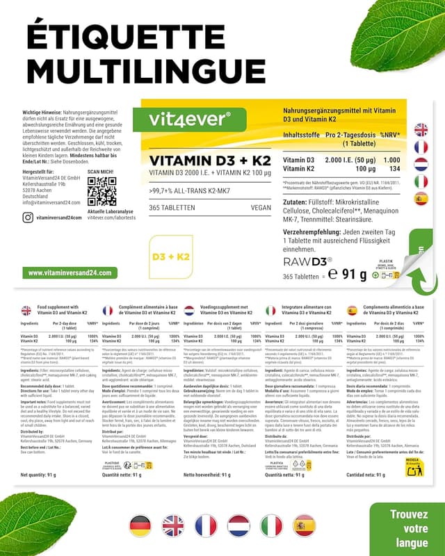 Detalle 2 de vit4ever Vitamine D3 + K2-365 : 2000 UI de D3 et MK-7 par comprimé (365 comprimés)