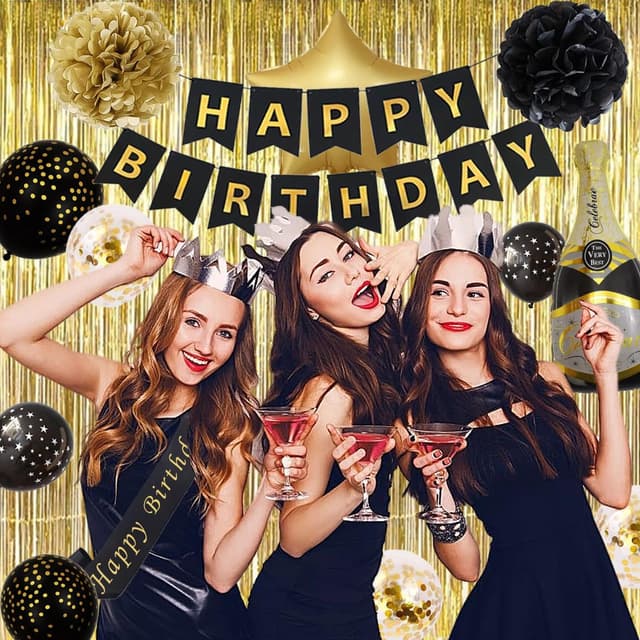 Detalle de Schwarz-Gold Geburtstagsdeko Party Set mit Happy Birthday Banner, Ballons, Pompons und Lametta