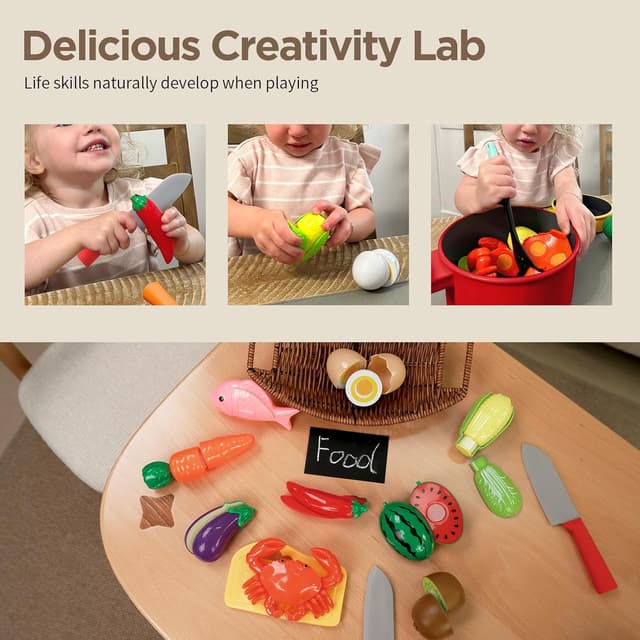 Detalle de GILOBABY Kids Toy Kitchen Accessories complete playset with play food (pots, pans, utensils, cutting board)