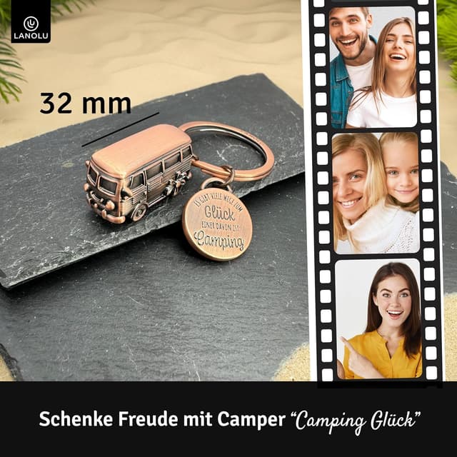 Detalle de LANOLU Schlüsselanhänger Camping Glück – 3D-Wohnwagen-Bus aus Metall mit Anhänger-Spruch