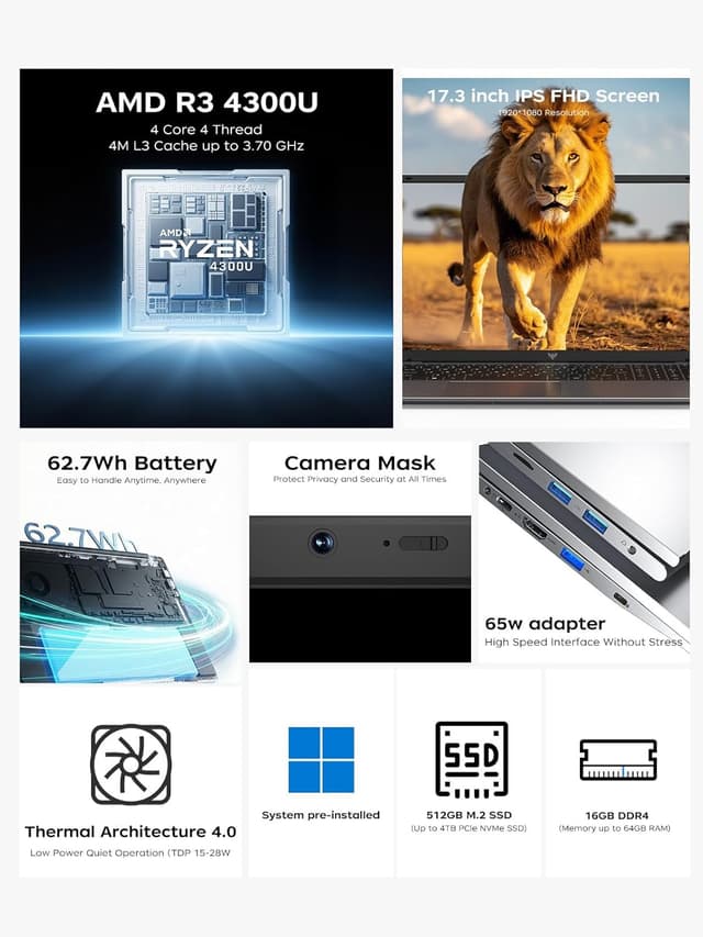 Detalle de Tivique 17.3-inch laptop with Ryzen 4300U