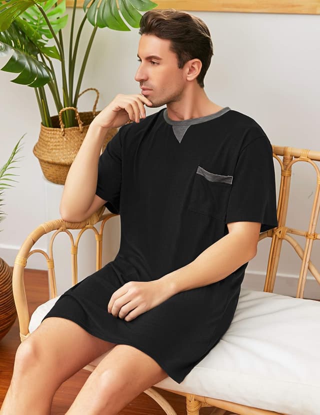 Detalle de Enjoyoself Herren-Nachthemd aus Baumwolle (90% Baumwolle, 10% Elasthan) – kurzarm, knielang