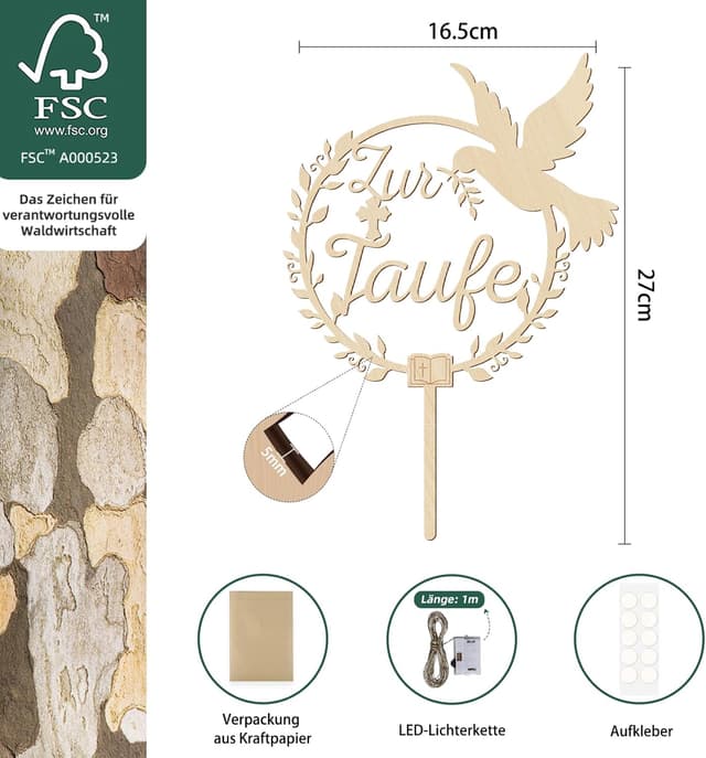 Detalle 2 de Giftota Cake Topper Taufe aus Holz LED