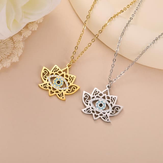 Detalle de Dreamtimes collier mauvais œil avec pendentif fleur de lotus en acier inoxydable pour femme