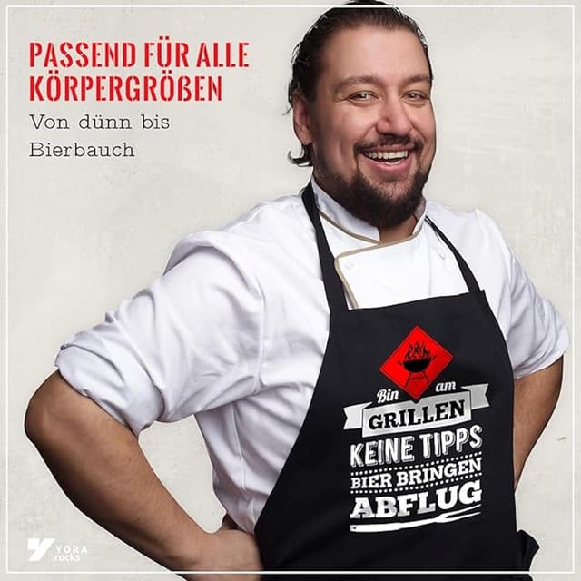 Detalle de YORA Grillschürze für Männer „Bin am Grillen“ – Vatertagsgeschenk inkl. personalisierbarer Urkunde