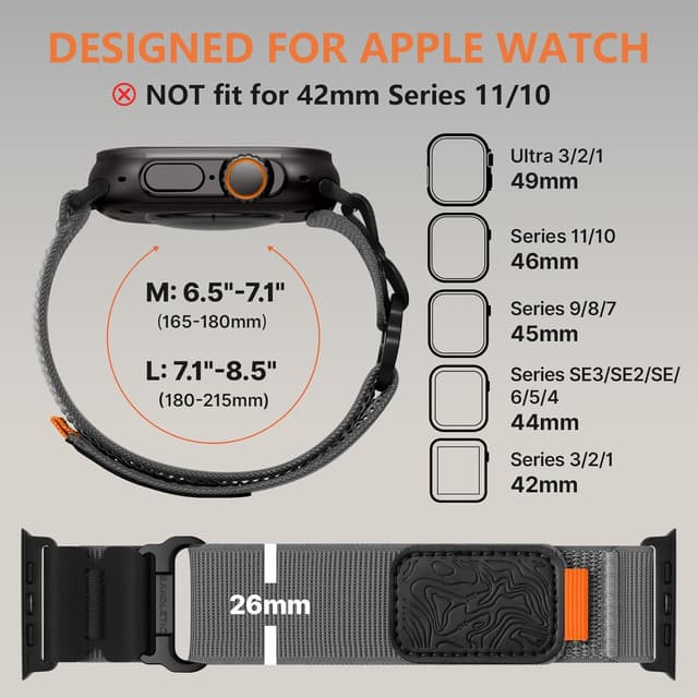 Detalle 2 de Bandletic Nylon Loop Strap for Apple Watch Ultra (49mm) and Series 11/10/9/8/7/SE/6/5/4/3/2/1 – Grey, Soft Loop Strap