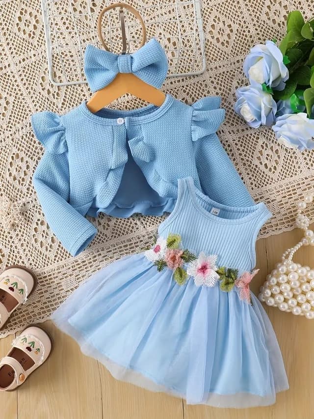Detalle de JiAmy baby girls dress and cardigan 2-piece set (sleeveless floral tulle + ruffle cardigan) for 3 months–3 years