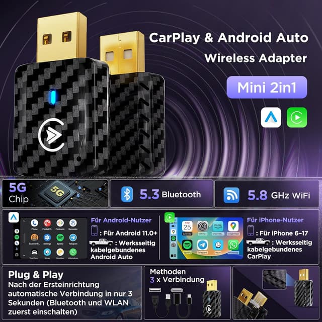 Detalle de MSXTTLY U2AC-01 Wireless CarPlay & Android Auto Adapter (U2AC-01) – kabellos per USB, schwarz