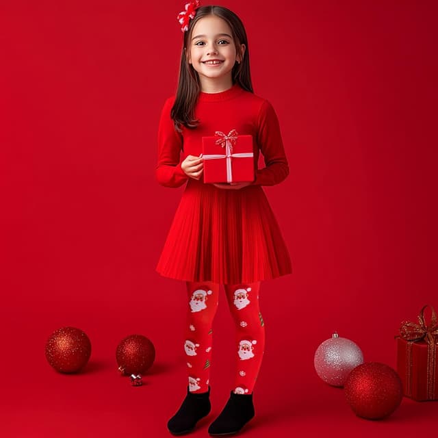 Detalle de Yilanmy Weihnachts-Strumpfhose für Mädchen (2er-Pack), rot mit Weihnachtsmotiven