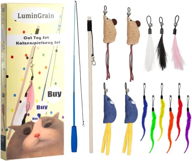 Detalle de Katzenspielzeug-Set 15-teilig mit Katzenangel (bis 98 cm) und Feder- & Mäuseköpfen