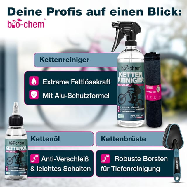 Detalle de bio-chem Fahrrad-Reinigungsset PREMIUM (7-teilig) mit Fahrradreiniger, Kettenreiniger, Kettenöl, Schaumsprüher & Bürsten