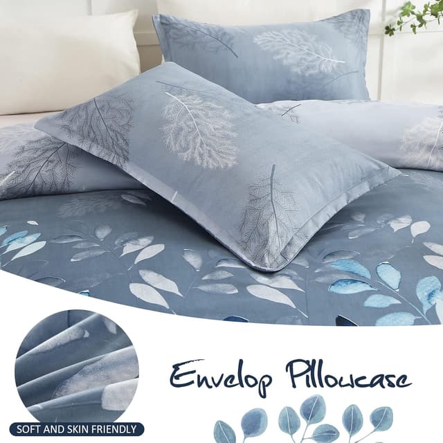 Thumbnail 6 de DJY Floral Duvet Cover King Blue Leaves Bedding Set (220x230cm) with Reversible Design & Zip Closure