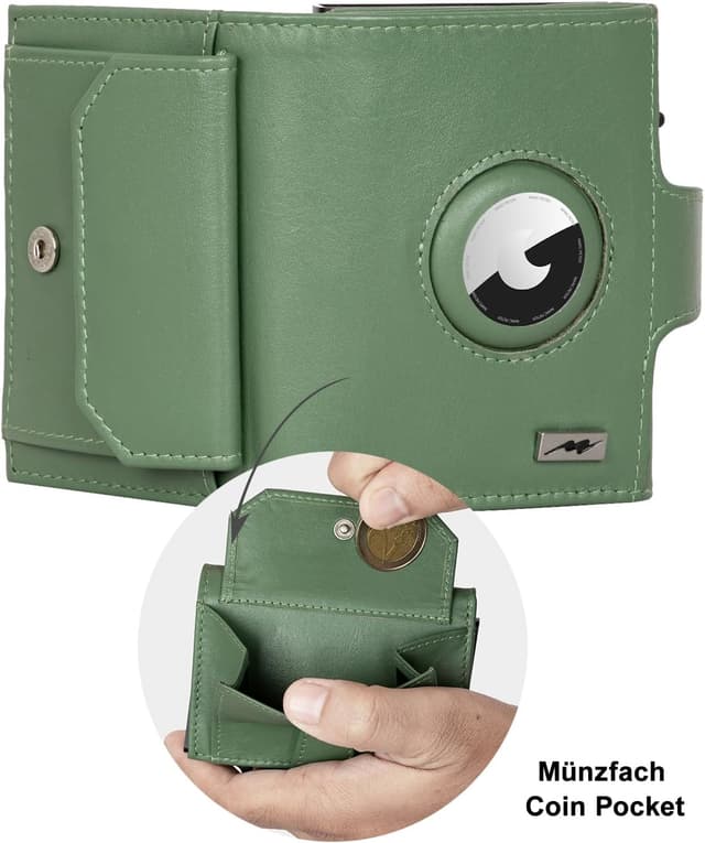 Detalle de Marc Peter Chicago Leder Push Air Slim Wallet – Airtag-Geldbörse mit Münzfach und RFID-Schutz