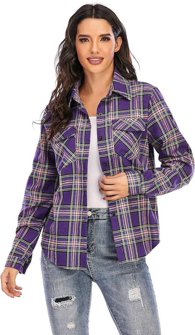 Detalle de 100% Cotton Women’s Flannel Plaid Shirt Blouse, Long Sleeve Button-Down Check Shirt (Boyfriend Casual Fit)