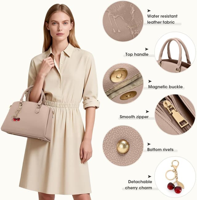 Detalle de RAINSMORE Damen-Handtasche mittelgroß aus PU mit Henkeln & abnehmbarem Schulterriemen – für bis zu 11-Zoll-Tablet, Khaki