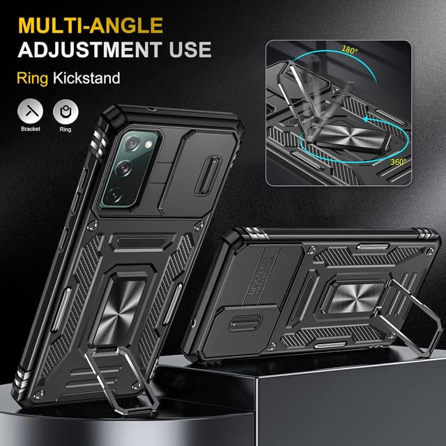 Detalle de Hülle für Samsung Galaxy S20 FE: Kameraschieber-Schutz mit Kickstand-Ring (Hybrid TPU/PC) – schwarz