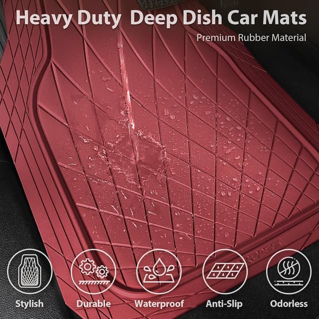 Detalle de CAR PASS Heavy Duty Rubber Car Floor Mats (3-Piece) — Waterproof Universal Trim-to-Fit All-Weather in Burgundy Red