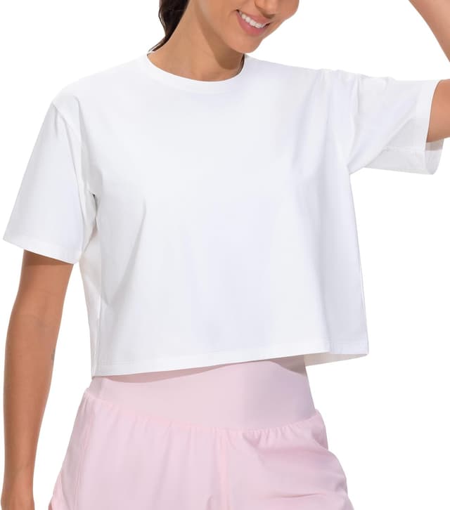 Detalle de THE GYM PEOPLE Haut court d’entraînement à manches courtes pour femme – coupe ample, polyester à séchage rapide