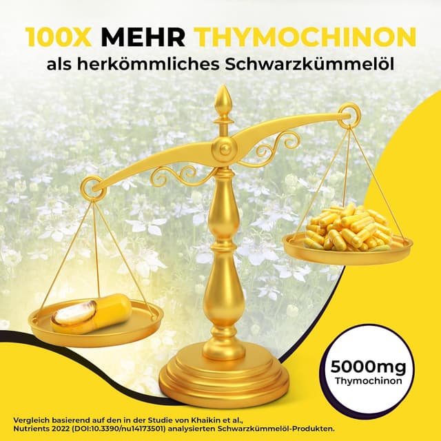 Detalle de Premium BIO Schwarzkümmelöl Kapseln (Nigella sativa) – 5.000 mg Thymochinon, 60 vegane Kapseln im lichtgeschützten Violettglas