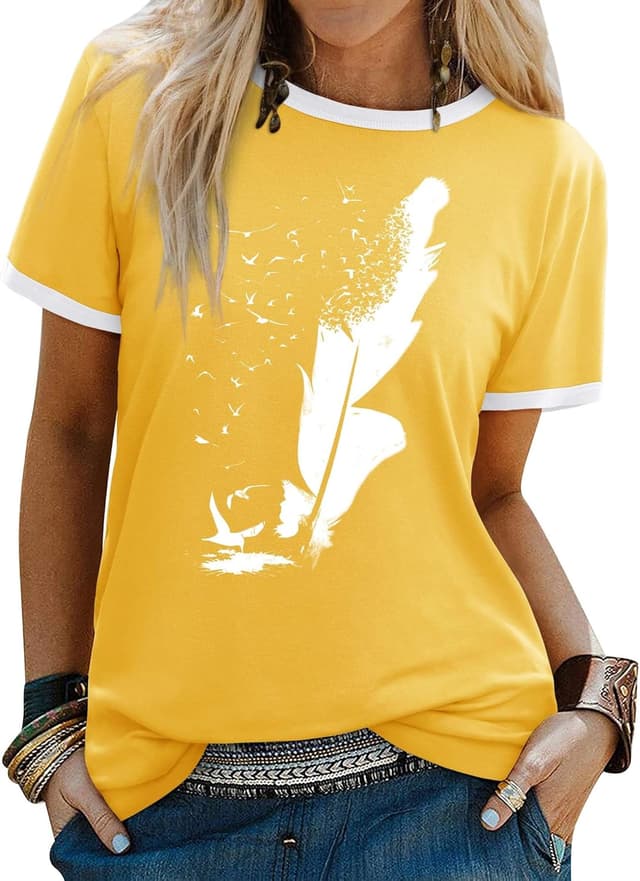 Detalle de Dresswel Women Peace Dove Feather Graphic Print T-Shirt (Crew Neck, Short Sleeve) – Cotton Blend Summer Top