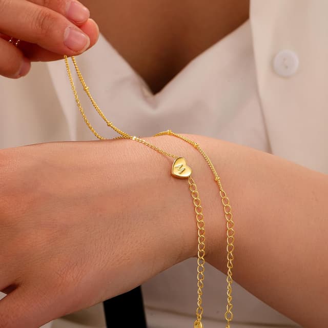 Detalle de TINGN Gold Silber Herz Armband Damen mit Initial-Herzanhänger (14K Gold/Weißgold vergoldet)