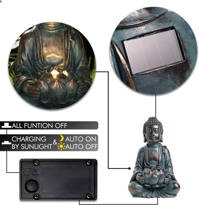 Detalle de TERESA'S COLLECTIONS Bouddha de jardin zen avec lumière solaire (statue assise, résine imperméable) 18 cm
