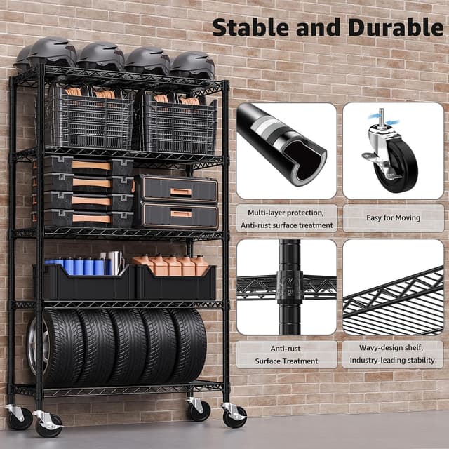 Detalle de M MZG steel storage shelving 5-tier utility rack with wheels (45 x 120 x 192cm)