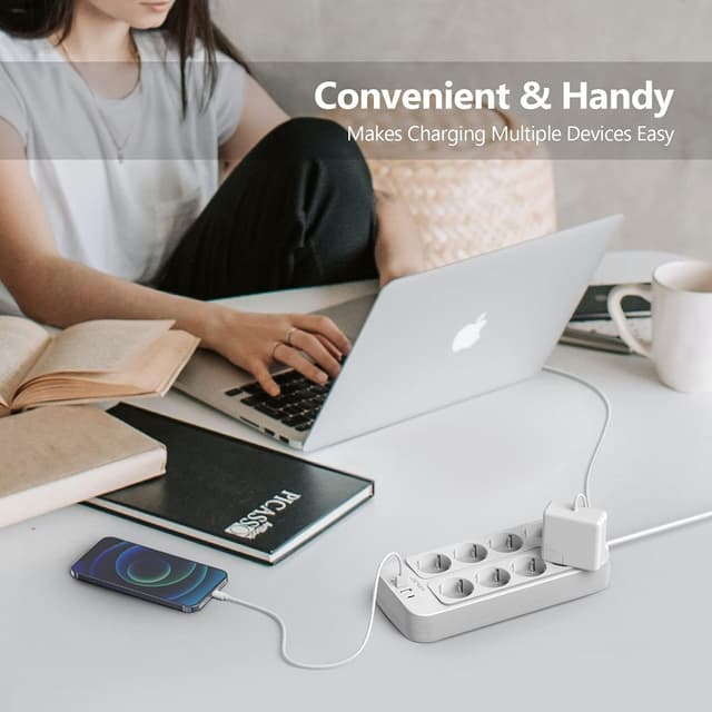 Thumbnail 6 de JSVER Steckdosenleiste 5 m (8-fach) mit 4 USB und Überspannungsschutz – Schalter, Wandmontage, Weiß