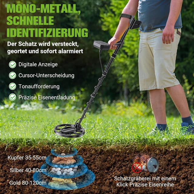 Detalle de OneAmg Metalldetektor Profi – 5 Suchmodi, Pinpointer, IP68 Suchspule inkl. Kopfhörer, Schaufel & Rucksäcke