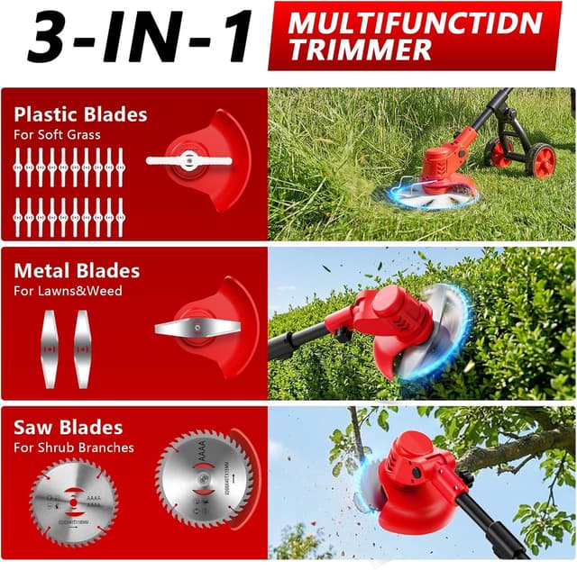 Detalle 2 de Reffmov cordless grass strimmer with wheels and 2× 2.0 Ah batteries (21V) for edging and lawn mowing