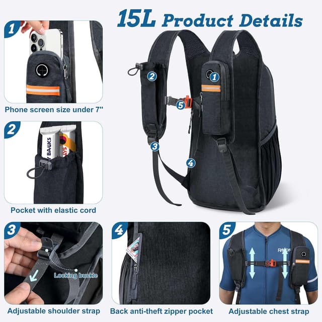 Detalle de BECOJADDE 15L Foldable Hiking Backpack with Phone Pocket, Adjustable Chest Strap and Bottle Side Pockets