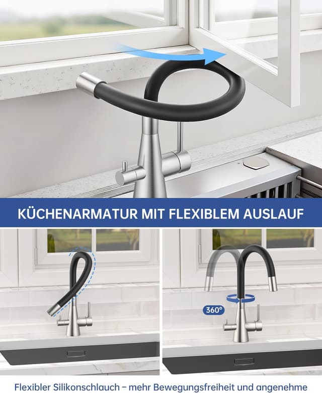 Detalle de DAYONE 3‑Wege Wasserhahn Schwarz 360° drehbar 🚰