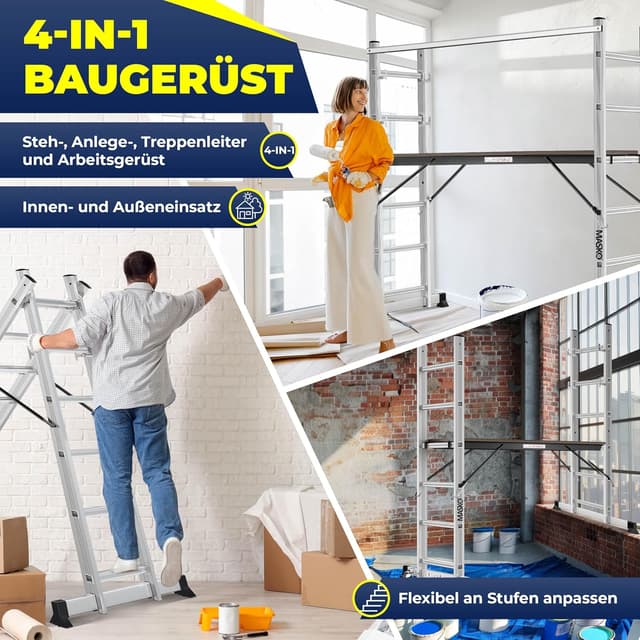 Detalle de Masko® Baugerüst Alugerüst „4in1“ mit Anlegeleiter, Bockleiter und Arbeitsbühne – bis 150 kg belastbar