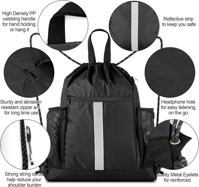 Detalle de BeeGreen Large Drawstring Backpack with Shoe Compartment, Water Bottle Holders and Reflective Strips (Black)