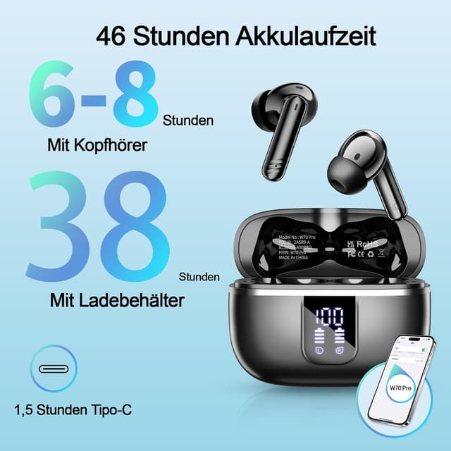 Detalle de OWMSIC Bluetooth In-Ear Kopfhörer W70 Pro (Bluetooth 5.4) mit 4× ENC-Mikrofonen, 46 Std. Spielzeit und LED-Display