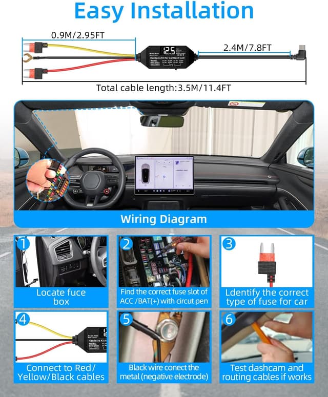 Detalle de RIIEYOCA USB-C Dash Cam Hardwire Kit with LED Screen (12V–24V to 5V) with ACC support