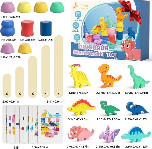 Thumbnail 5 de JAiiMen Montessori Dinosaur Wooden Blocks (9 blocks, planks, sorting & challenge cards) for ages 2–4