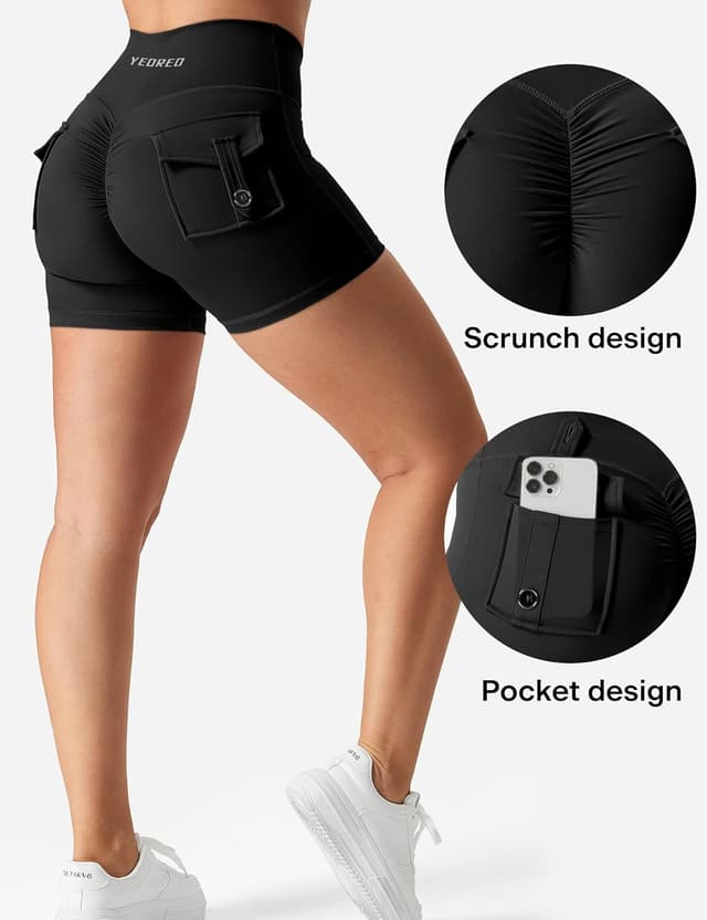 Detalle de YEOREO CoreFlex Scrunch Workout Shorts with Pockets (High-Waisted Biker Shorts for Women)