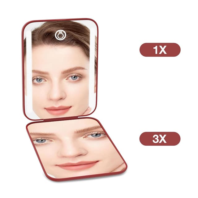 Detalle de Kintion Rechargeable Pocket Mirror (1X/3X) with 3 Color Lights, Dimmable, Wine Red