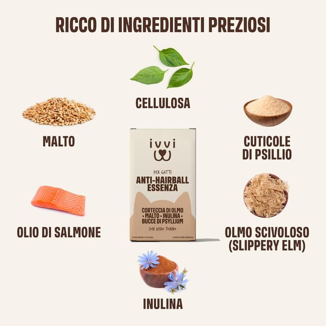 Detalle 2 de ivvi Anti-Hairball Essenza per Gatti con malto, olmo rosso, inulina e psyllium (crema con vero tonno) 30x15g