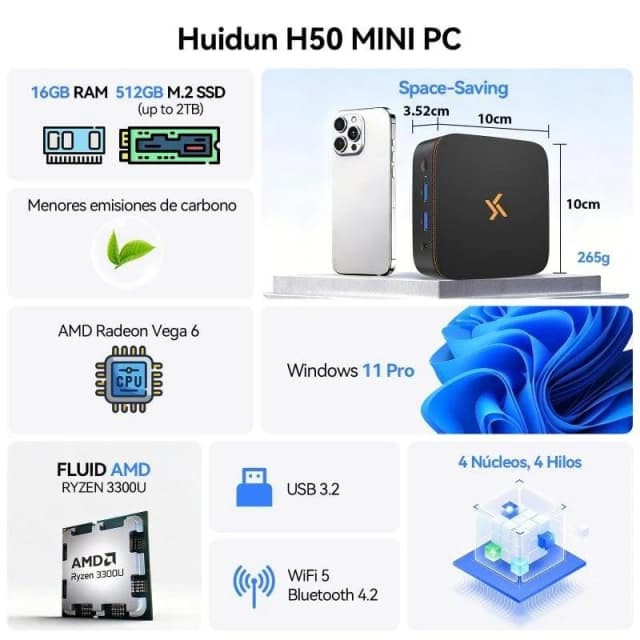 Detalle 2 de Huidun H50 con AMD Ryzen 3 3300U, 8GB RAM y 256GB: mini PC ultracompacto para ofimática y multimedia
