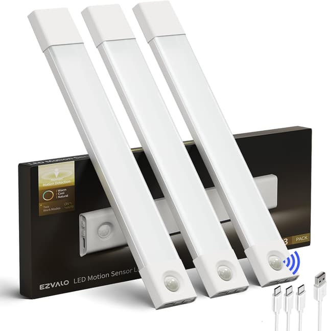 Detalle de EZVALO 3 Pack 11.8 inch Under Cabinet Kitchen Lights with Motion Sensor (rechargeable, dimmable, 3 colour temps)