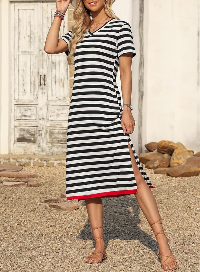 Detalle de Dokotoo Womens Short Sleeve Maxi T-Shirt Dress with Color Block Stripes & Side Split