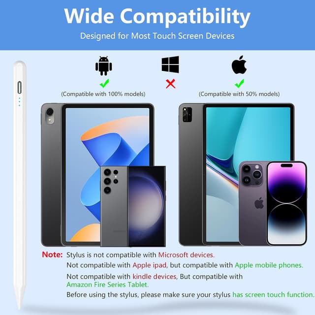 Detalle 2 de Android Stylus Pen für Samsung, Huawei, Lenovo, Xiaomi & mehr – Universal Stift mit Neigungsempfindlichkeit (weiß)