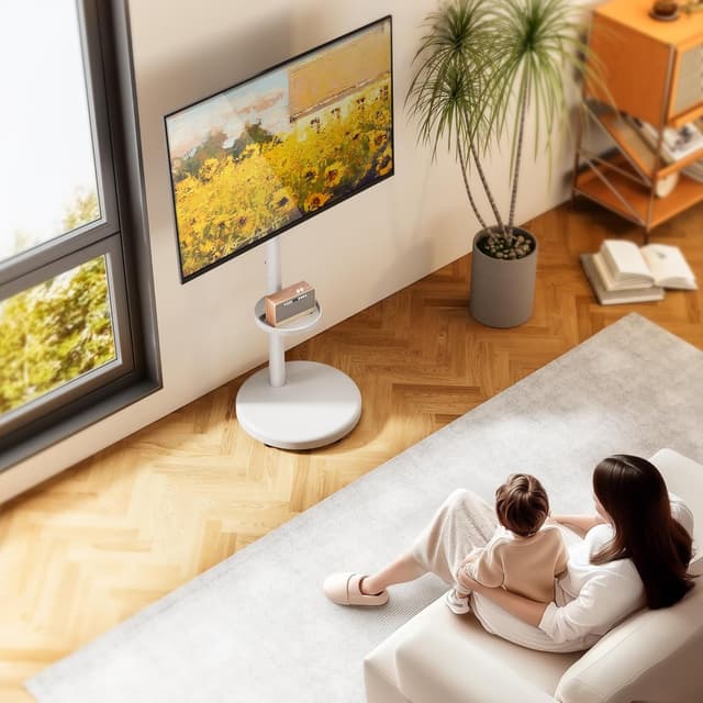 Detalle de ECOTINY höhenverstellbarer rollbarer TV-Ständer für 37–86 Zoll (max. VESA 600×400 mm) bis 50 kg, weiß