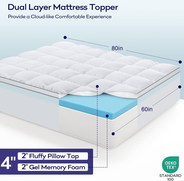 Detalle 2 de OLANLY Dual-Layer 4 Inch Queen Memory Foam Mattress Topper with Cooling Pillow Top & Gel Foam