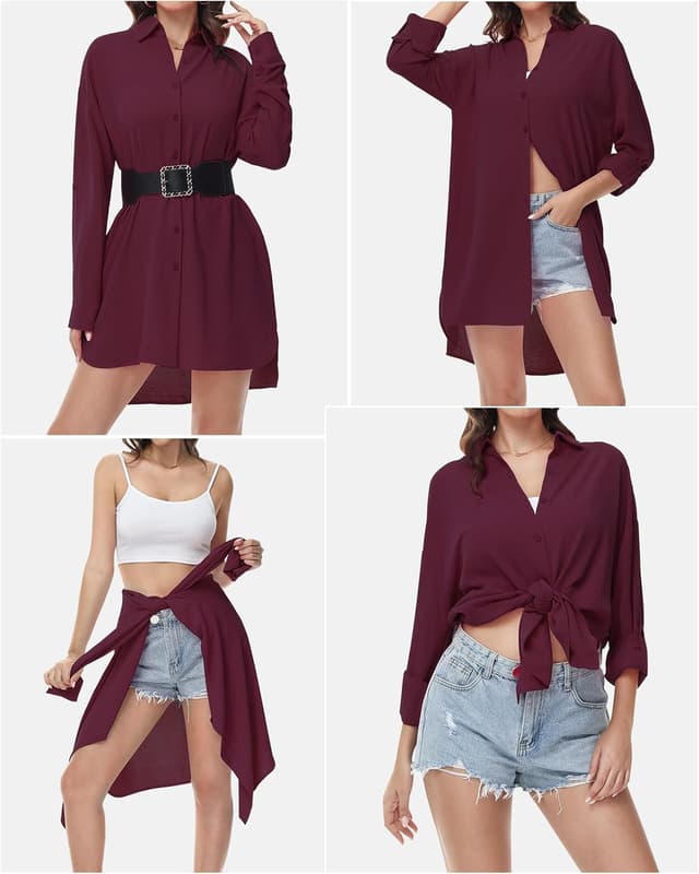 Detalle 2 de Tanmolo Damenbluse mit V-Ausschnitt – langarm Hemdbluse zum Knöpfen im lässigen Boyfriend-Style