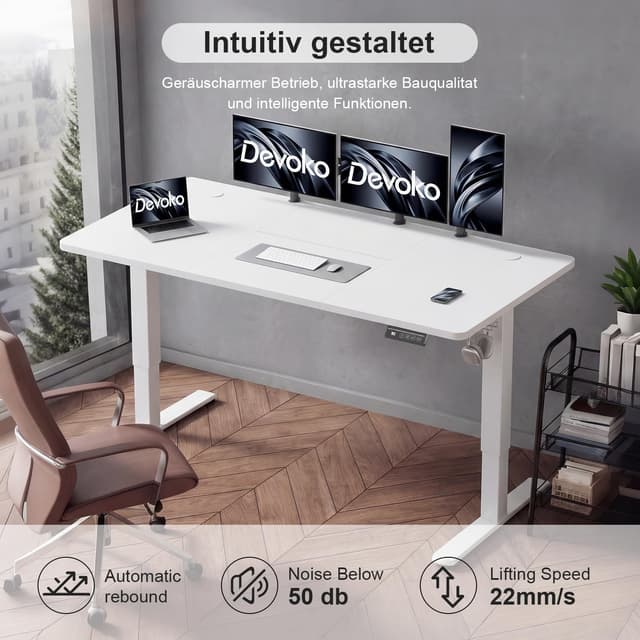 Detalle de Devoko elektrisch höhenverstellbarer Schreibtisch 180 x 80 cm (71–119 cm) – 2-Memory, leise Motorverstellung, stabil ohne Wackeln – Weiß