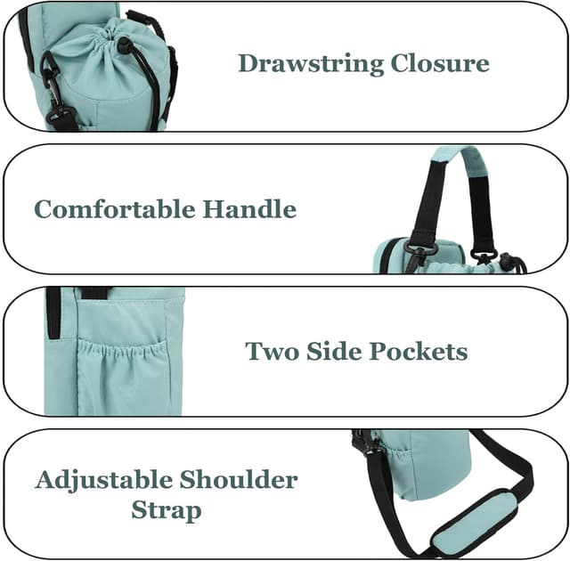 Detalle 2 de RZMAYIS 32/40oz insulated water bottle carrier bag with phone pocket (Green) — crossbody sling for hiking & walking